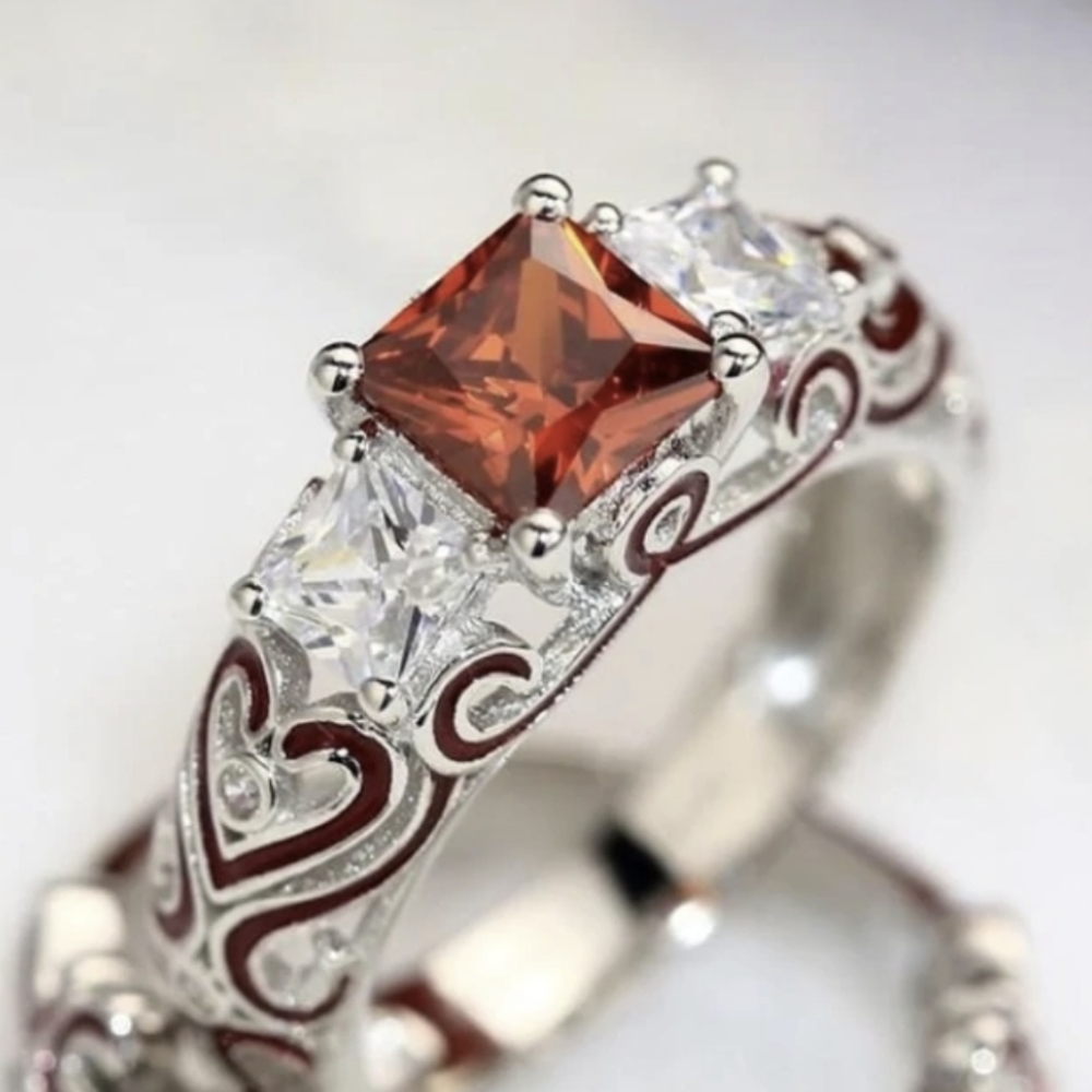 Sterling Silver Cubic Zirconia Ring with Red Accents